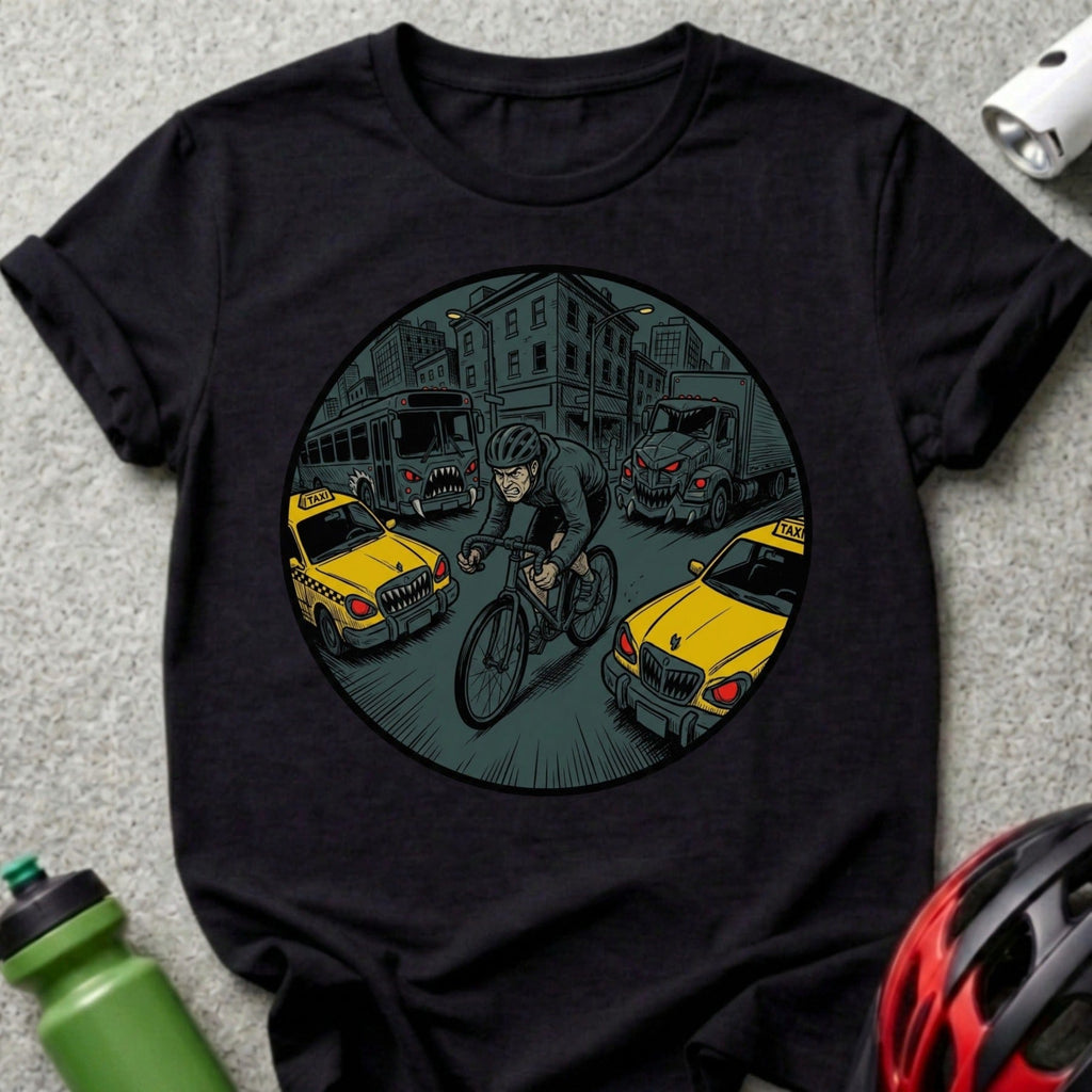 Cyclist in Traffic Illustration Black Graphic Tee