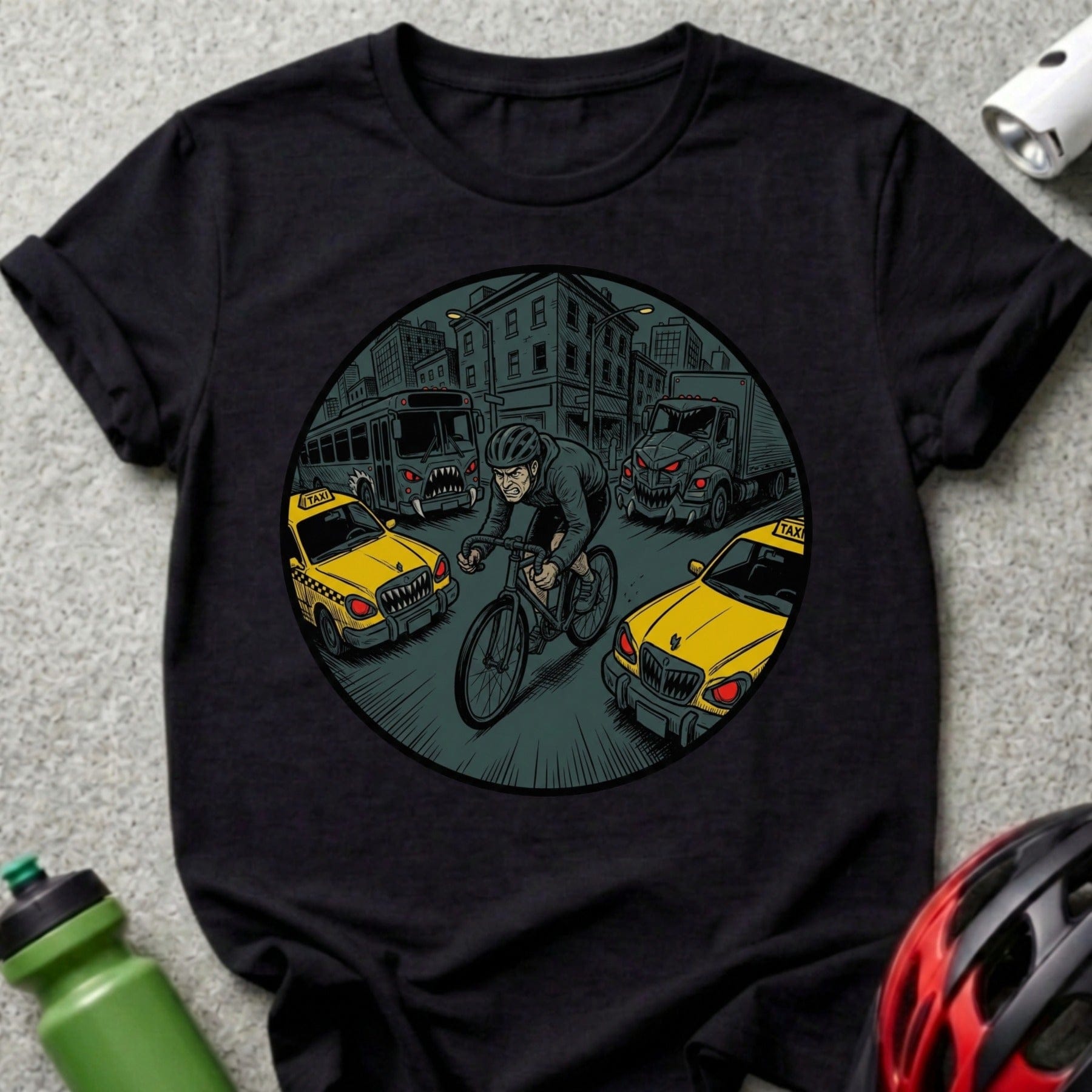 Cyclist in Traffic Illustration Black Graphic Tee
