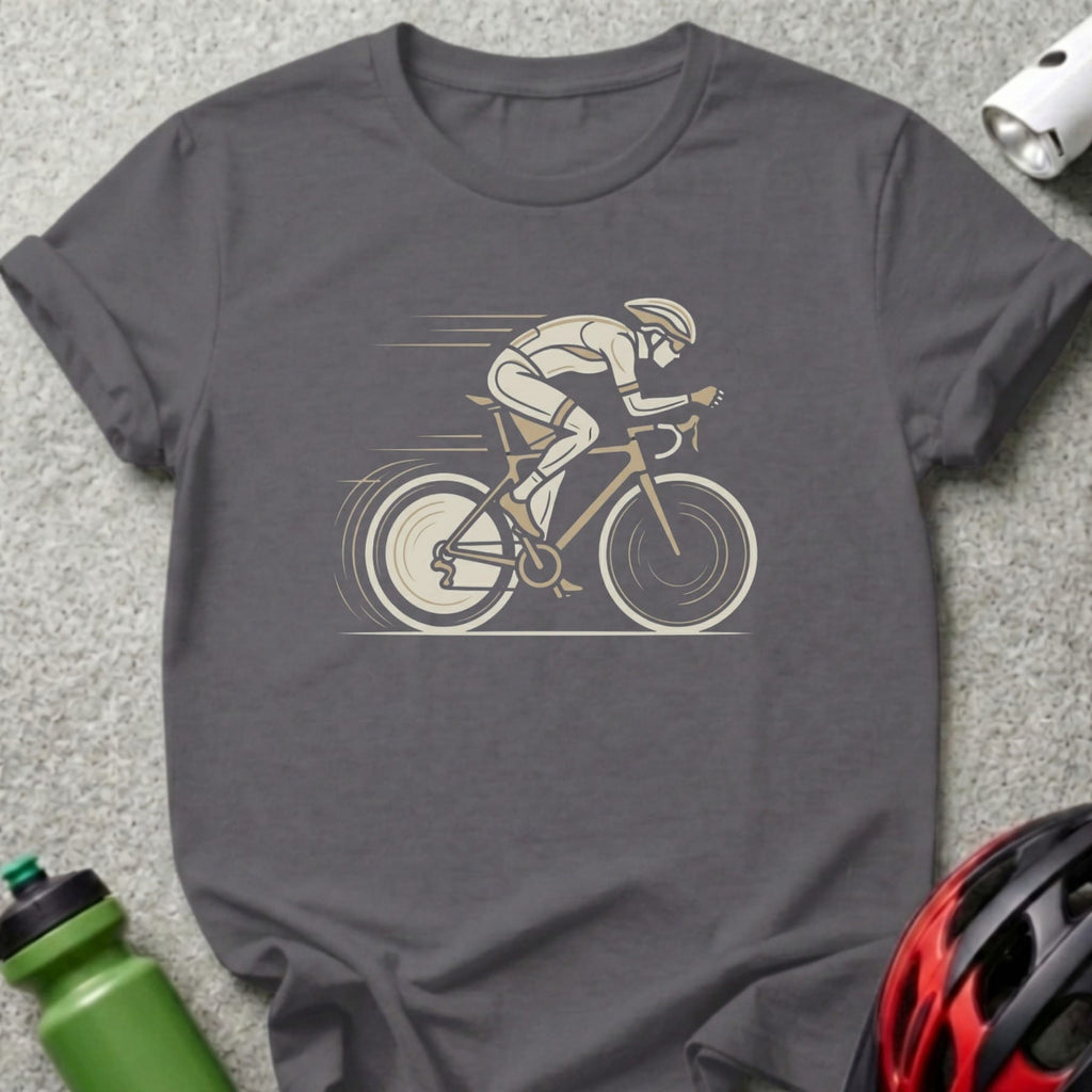 Cyclist in motion on a road bike with blurred background elements.
