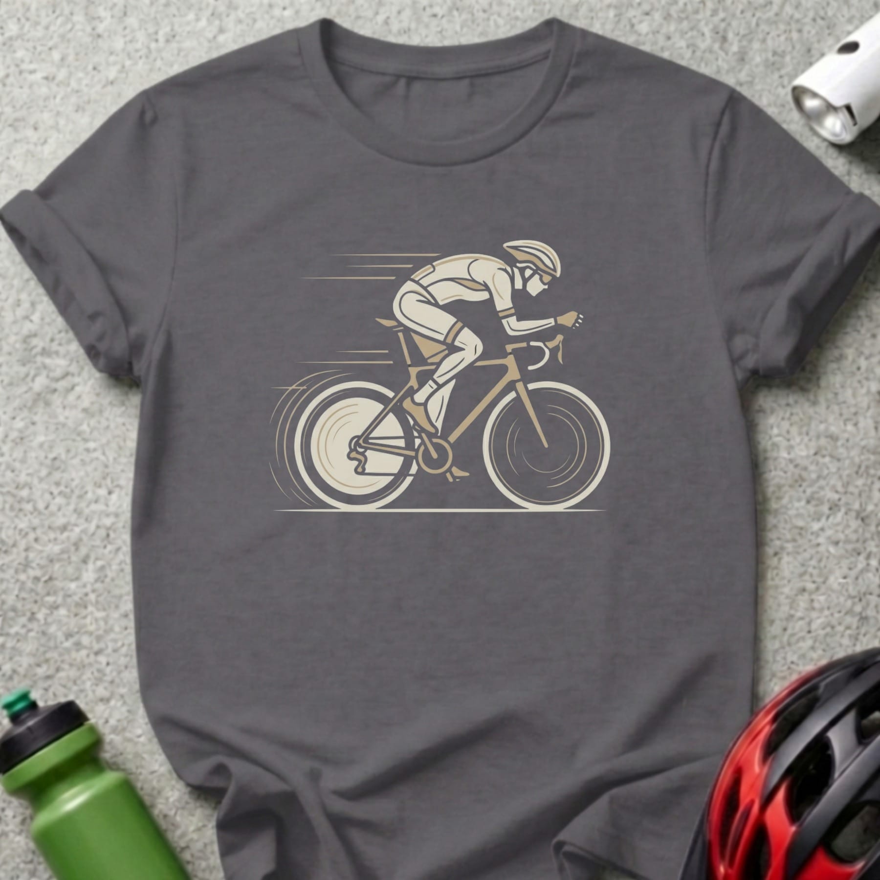 Cyclist in motion on a road bike with blurred background elements.