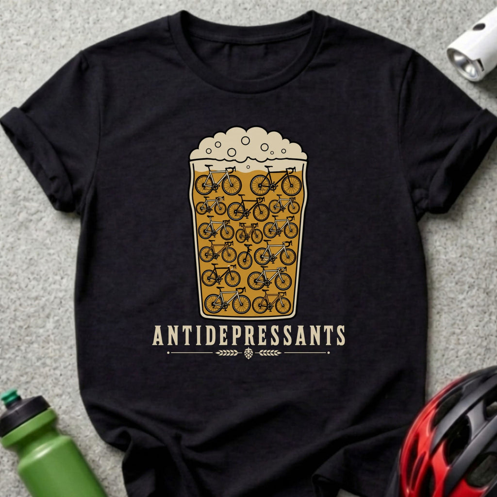 Black t-shirt with a beer glass filled with bicycles and the text "ANTIDEPRESSANTS".
