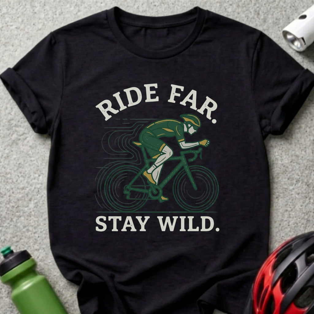 Black t-shirt with cyclist graphic and text "RIDE FAR. STAY WILD."