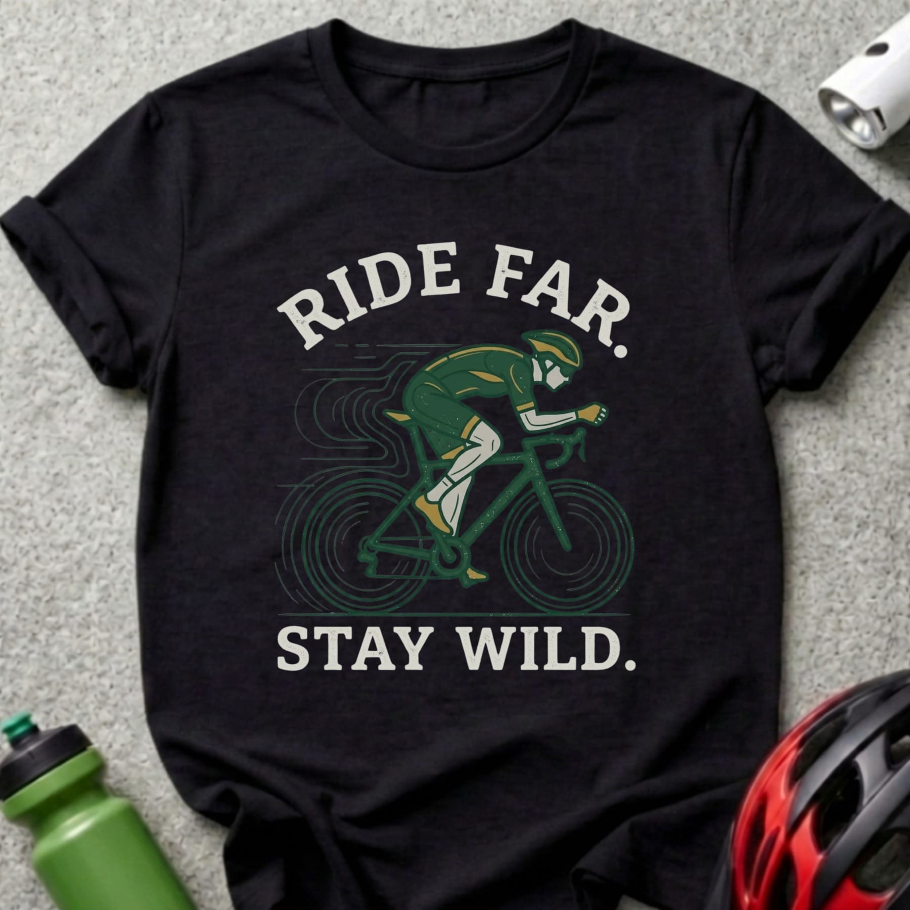 Black t-shirt with cyclist graphic and text "RIDE FAR. STAY WILD."