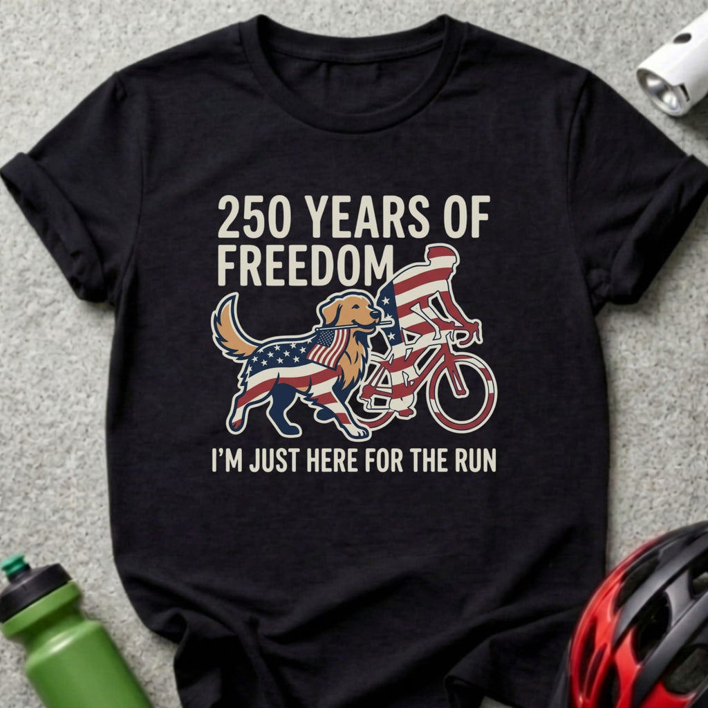 Black t-shirt with "250 Years of Freedom" and dog on bicycle.