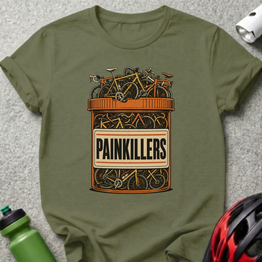 T-shirt with a prescription bottle labeled "PAINKILLERS" filled with bicycles.