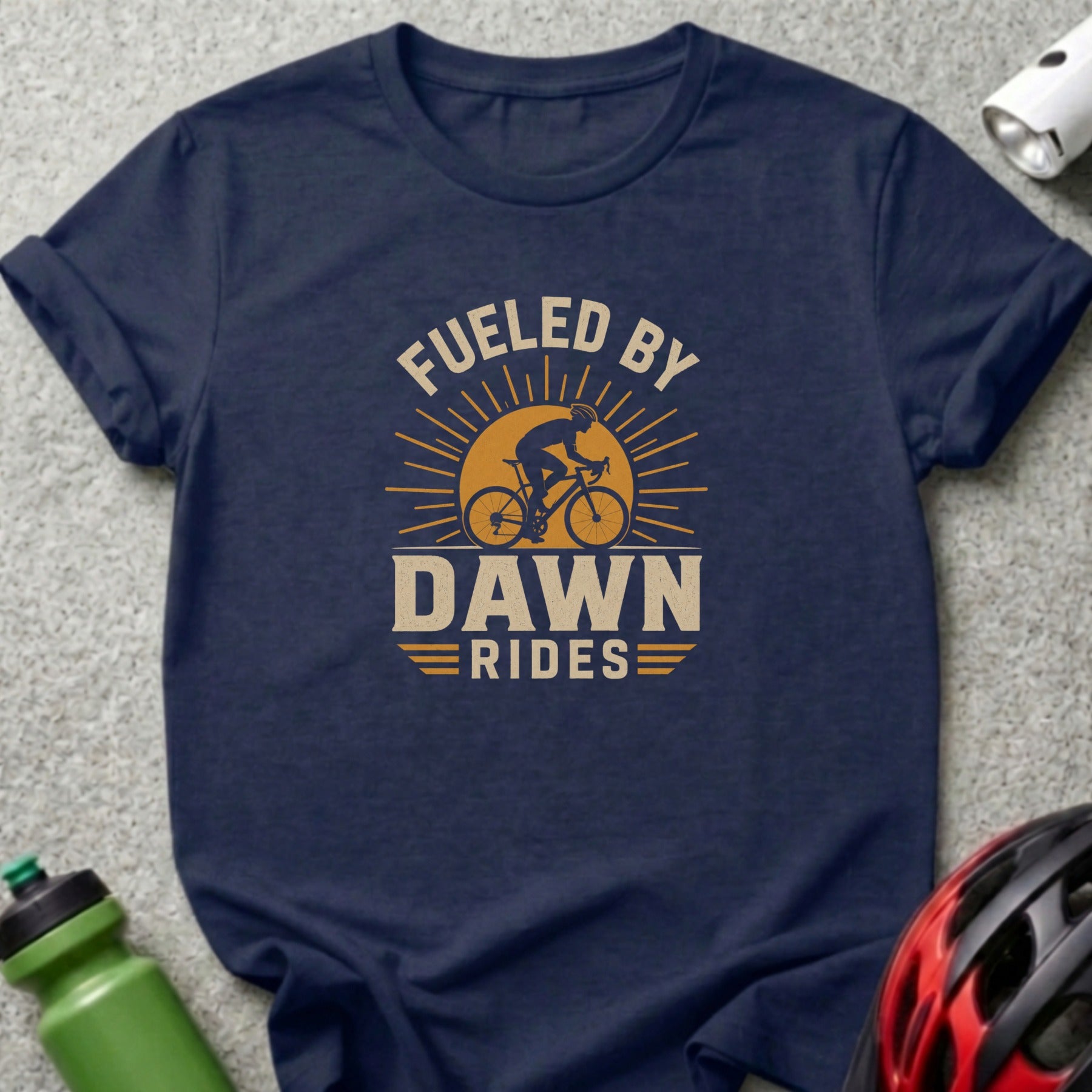 Navy t-shirt with "Fueled by Dawn Rides" and a cyclist graphic.