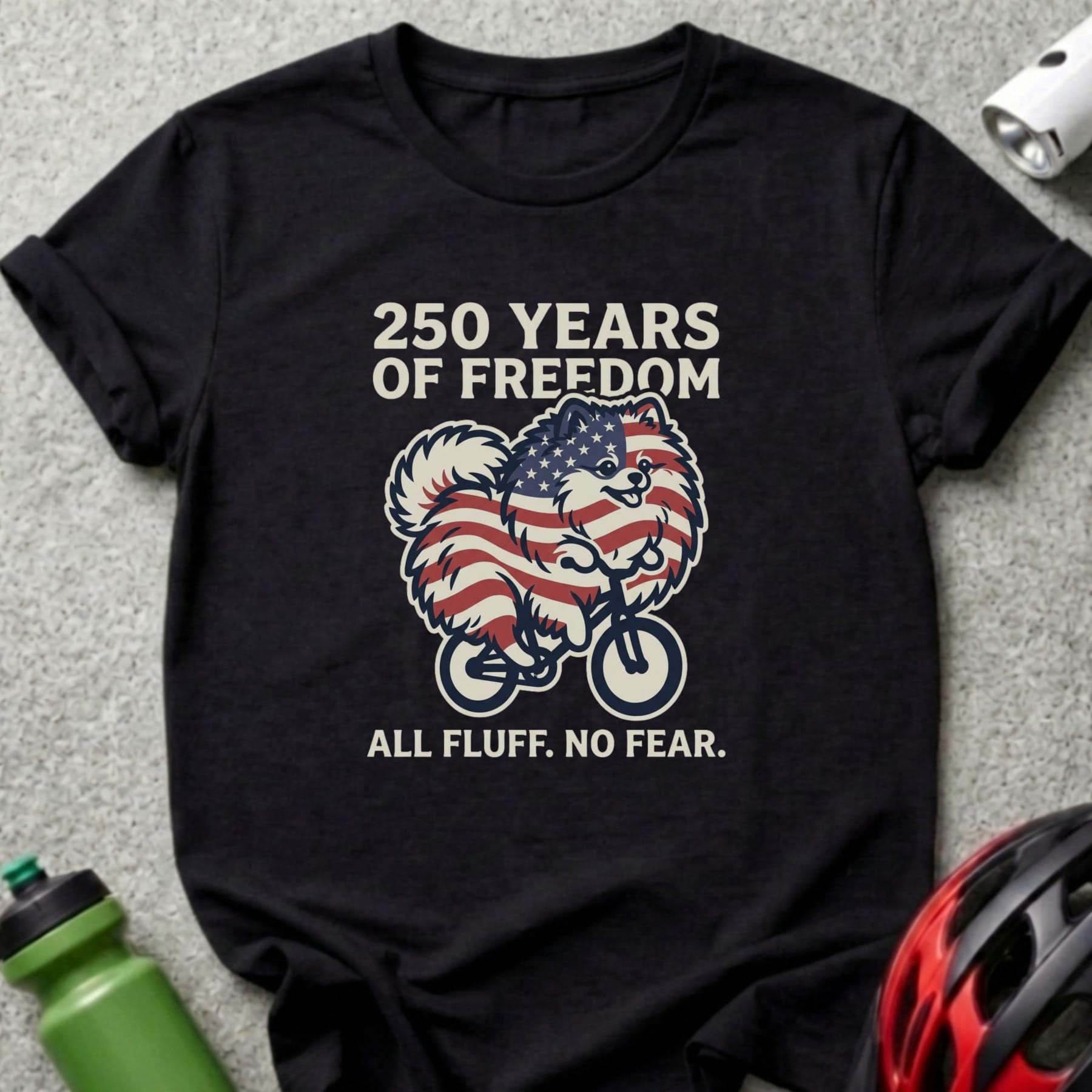 Black t-shirt with American flag Pomeranian dog on a bicycle, "250 Years of Freedom".