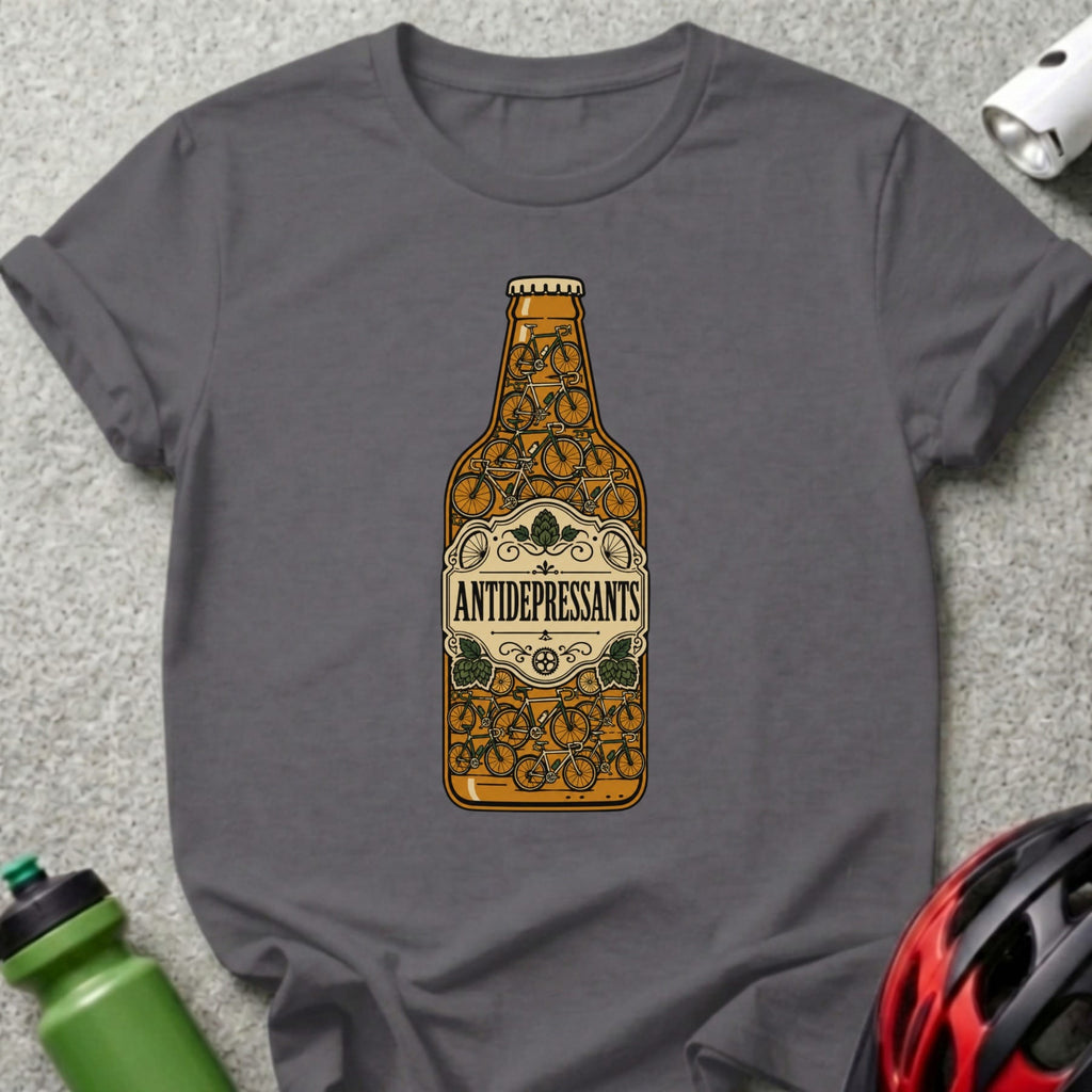 Dark gray t-shirt featuring a bottle design filled with bicycles.