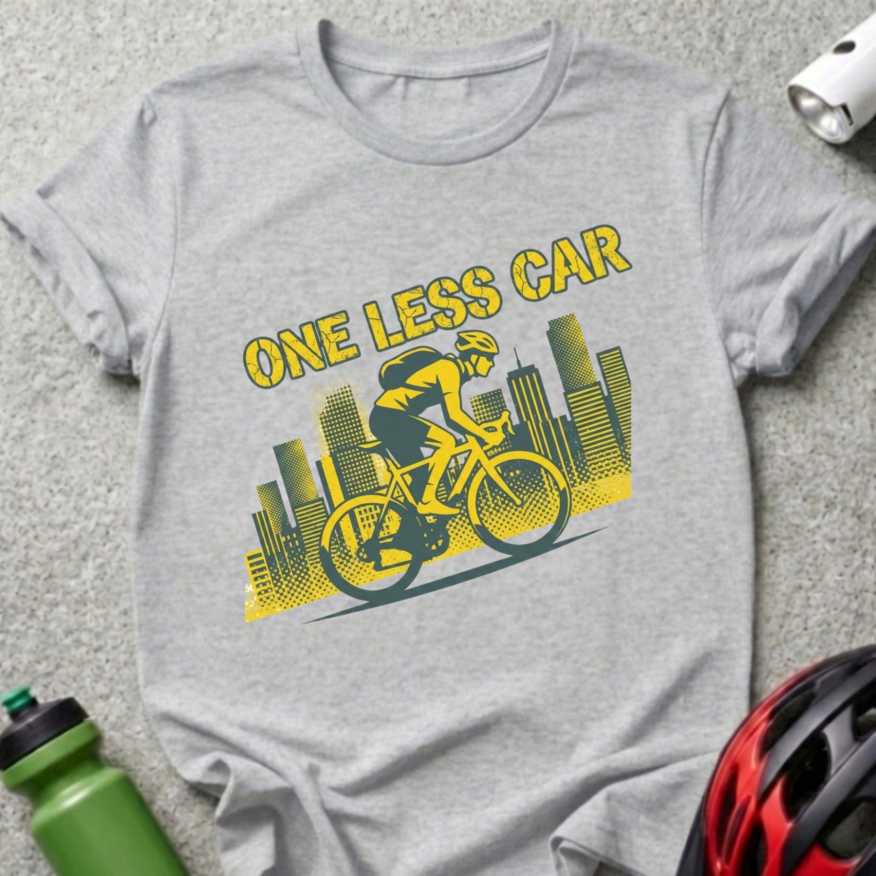 One Less Car Bicycling T-Shirt Urban Skyline Design