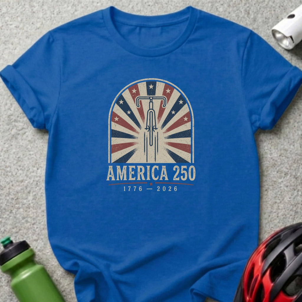 Blue t-shirt with "America 250" and patriotic sunburst design.