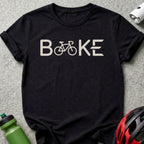 Black t-shirt with "Bike" text, featuring a bicycle silhouette for the "i".