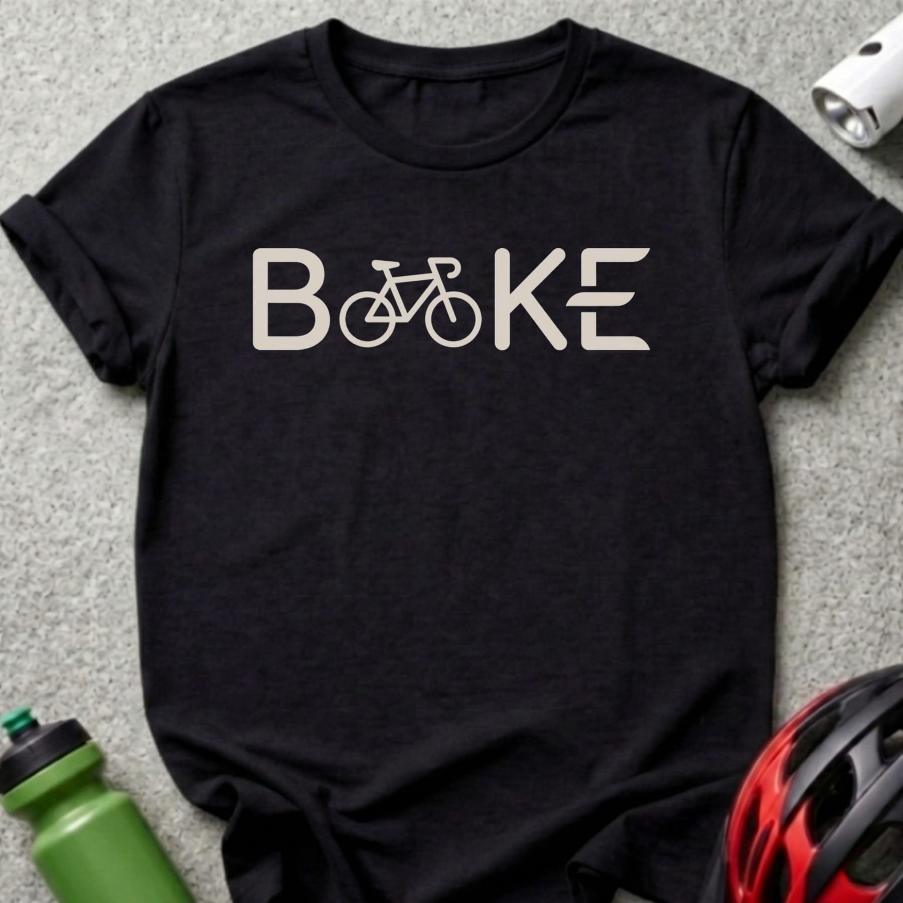 Black t-shirt with "Bike" text, featuring a bicycle silhouette for the "i".