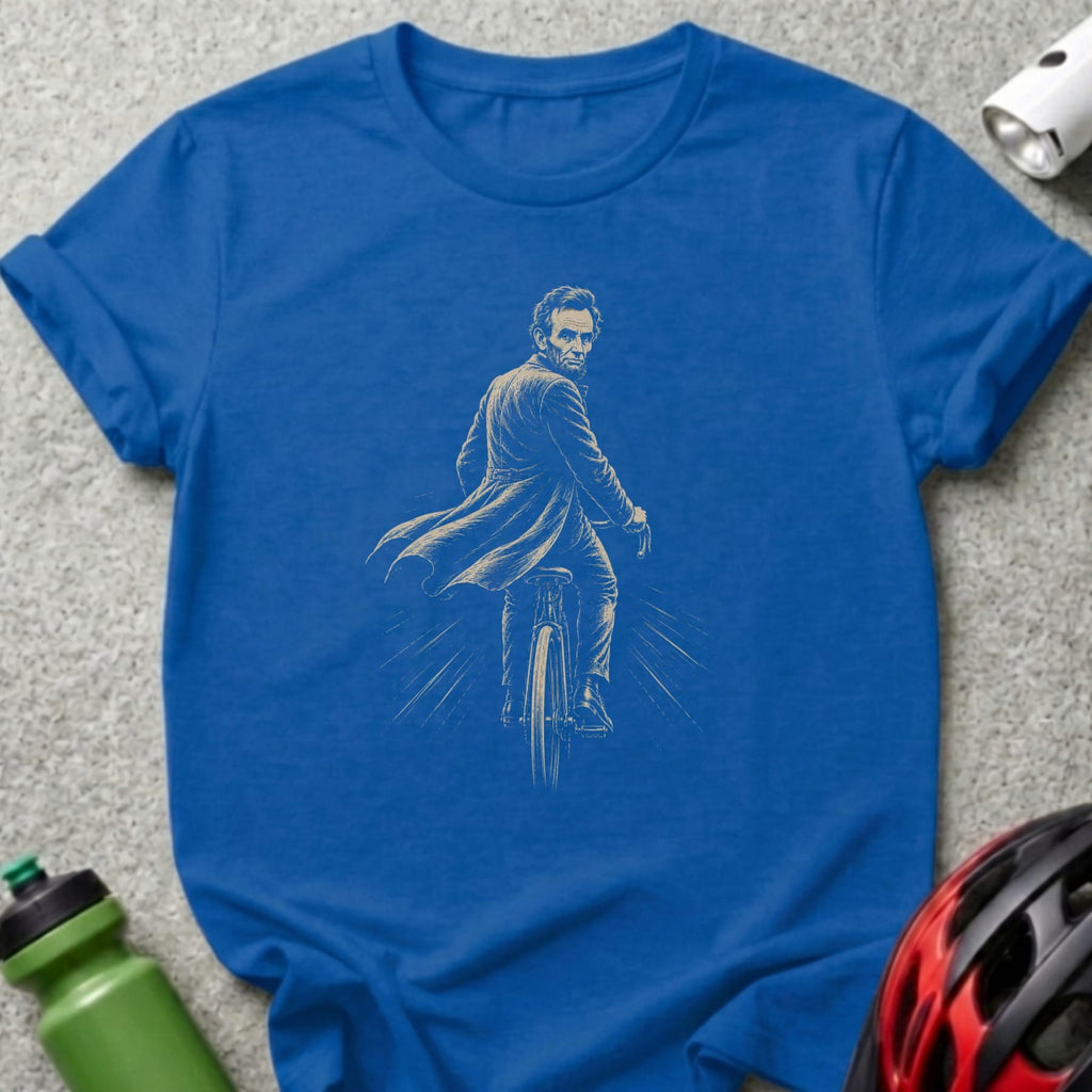Abraham Lincoln riding a bicycle in a sketch-style graphic.