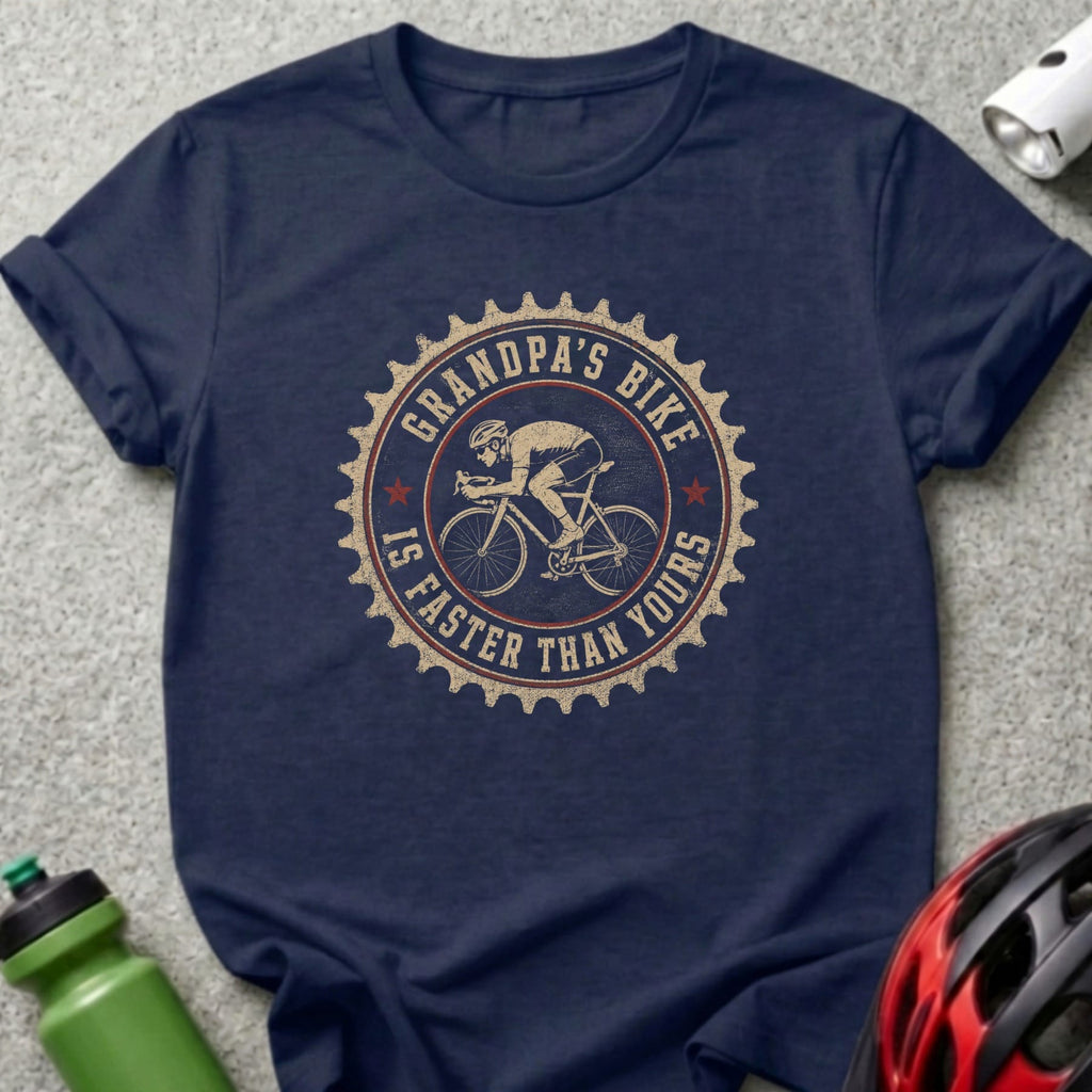 Navy t-shirt with a circular graphic of a cyclist and the text "Grandpa's Bike Is Faster Than Yours".
