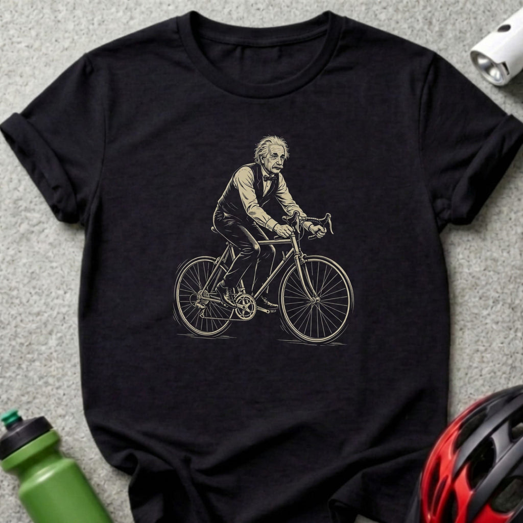 Black t-shirt featuring Albert Einstein riding a bicycle.