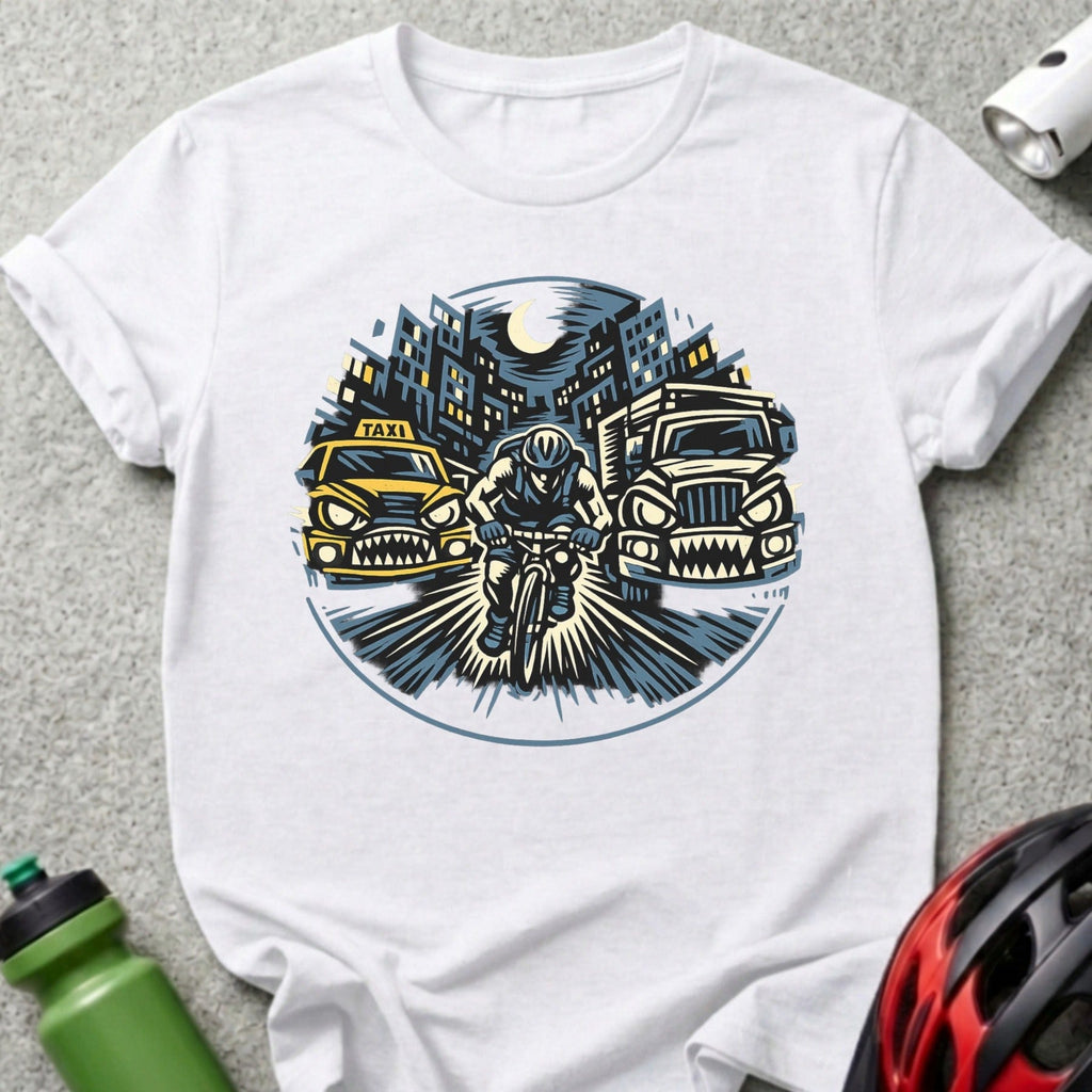 Nighttime Urban Cyclist Surrounded by Vehicles Shirt