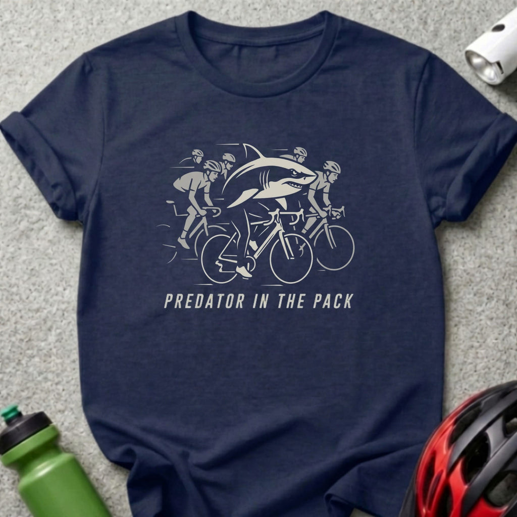Navy t-shirt with "Predator in the Pack" text and cyclists being chased by a shark.