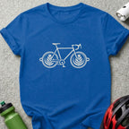 Royal blue t-shirt featuring a white graphic of a bicycle with coffee cup wheels.