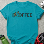 Turquoise t-shirt with orange bicycle graphic and "OFFEE" text.