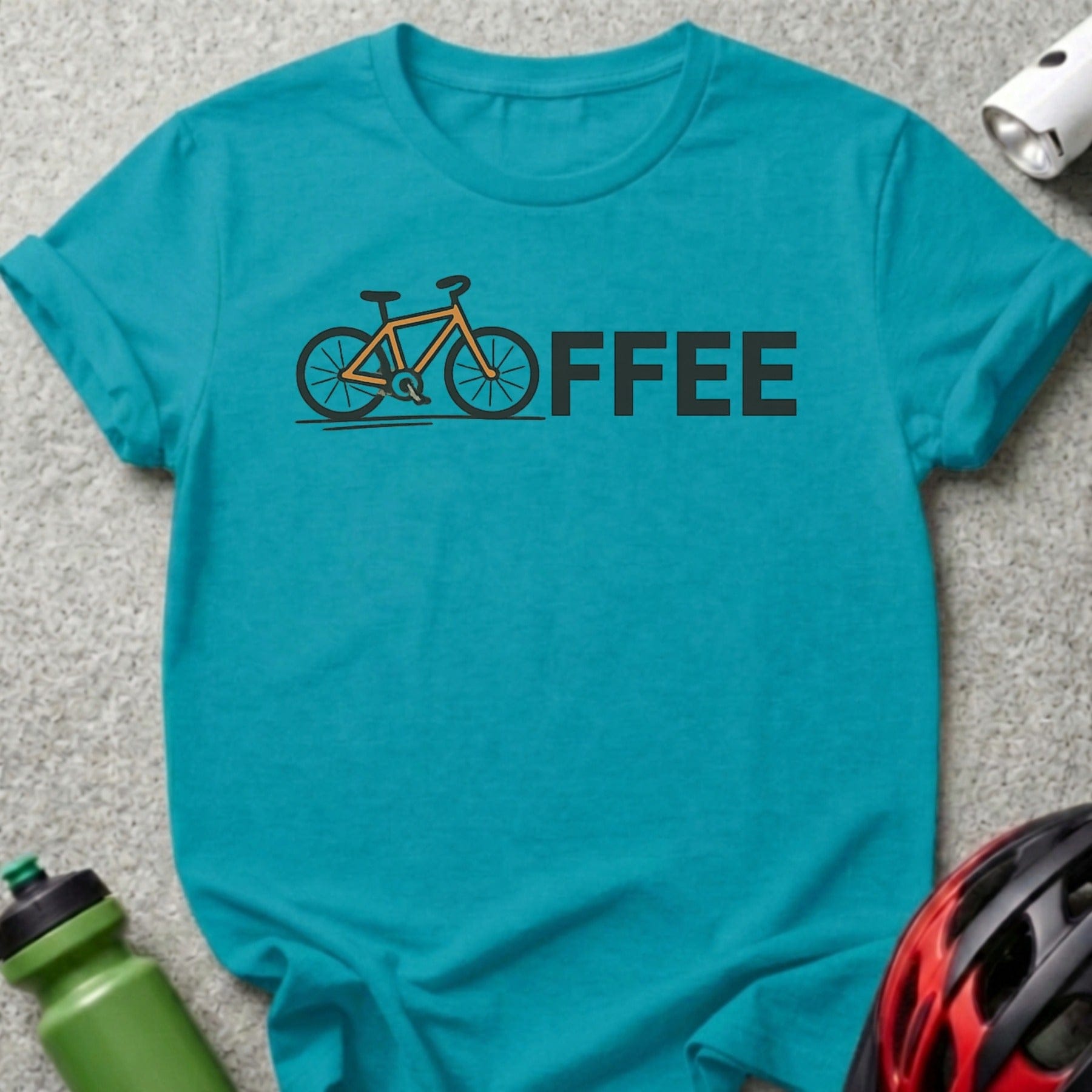 Turquoise t-shirt with orange bicycle graphic and "OFFEE" text.