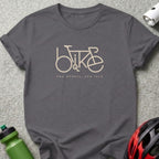 Dark grey t-shirt with cream-colored bicycle graphic and text "two wheels, one love."