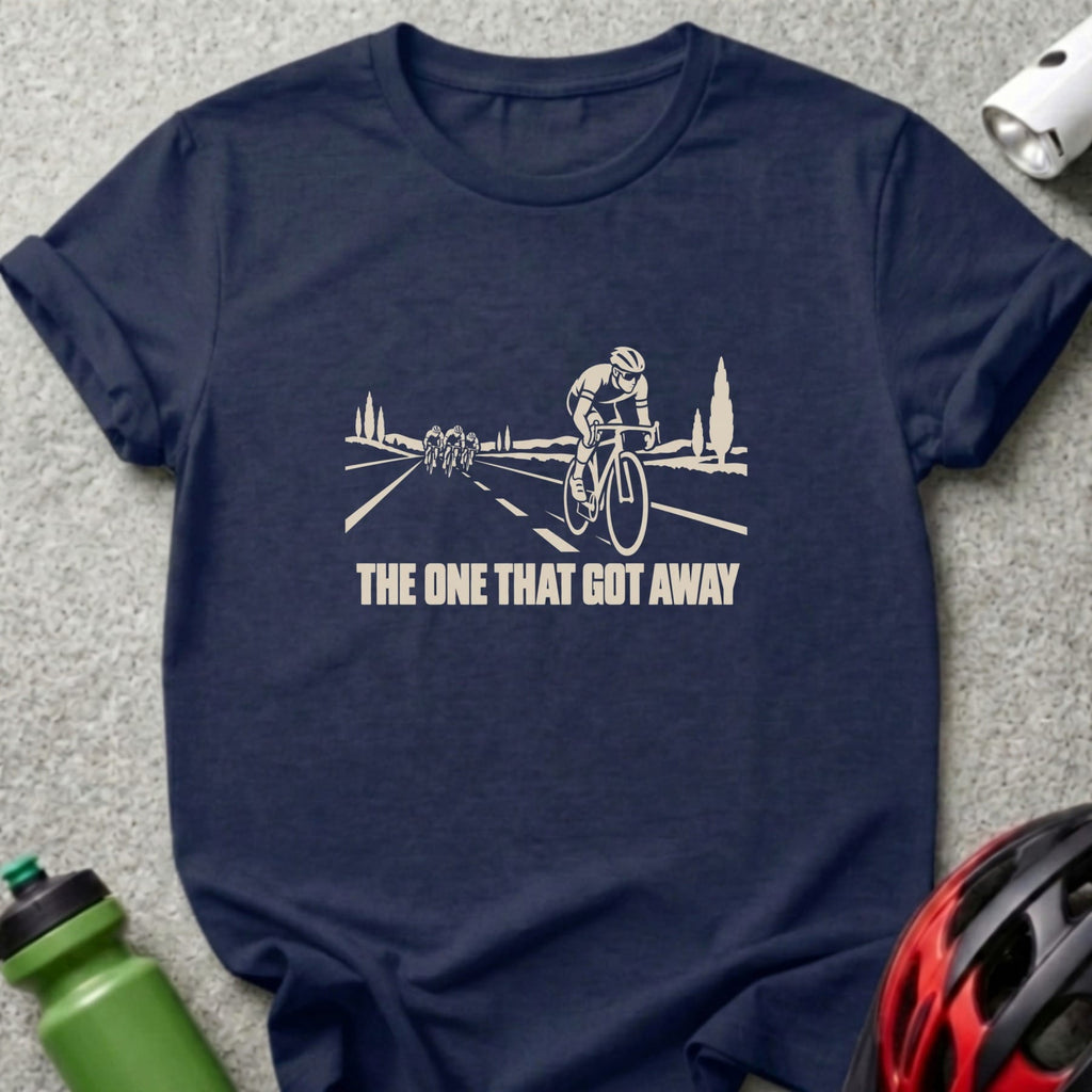 Dark blue t-shirt featuring a cream graphic of cyclists racing with the text THE ONE THAT GOT AWAY.