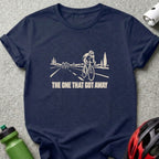 Dark blue t-shirt featuring a cream graphic of cyclists racing with the text THE ONE THAT GOT AWAY.