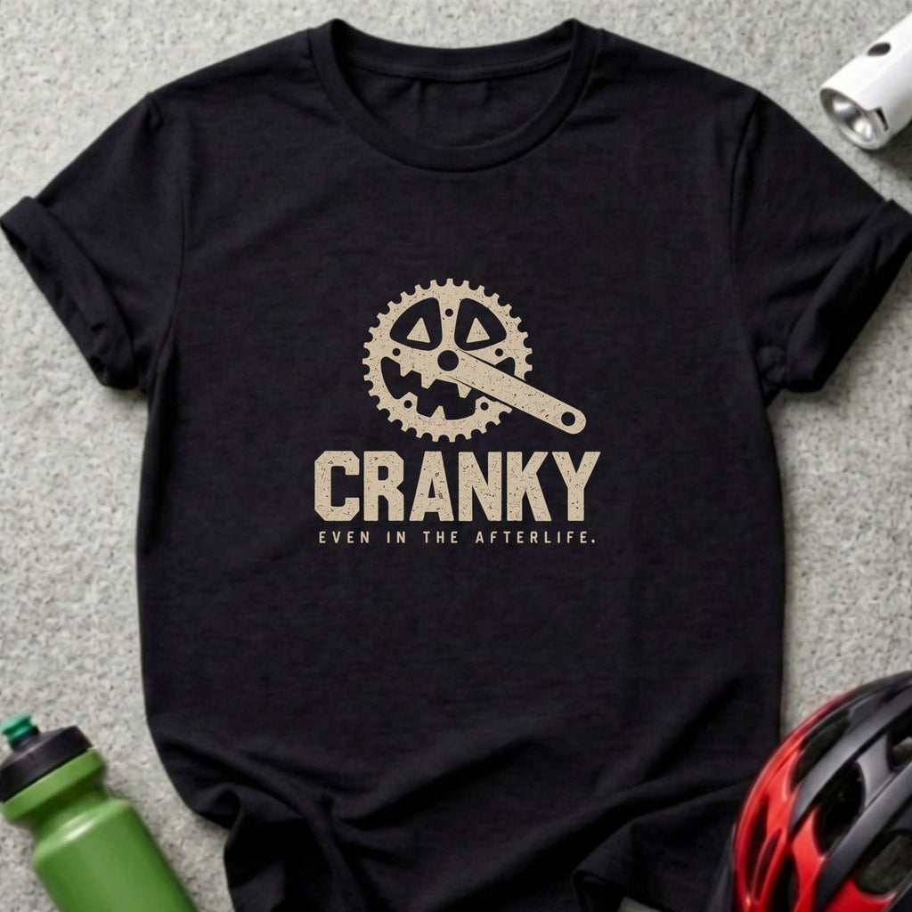 Black t-shirt with crank graphic and text "CRANKY EVEN IN THE AFTERLIFE."