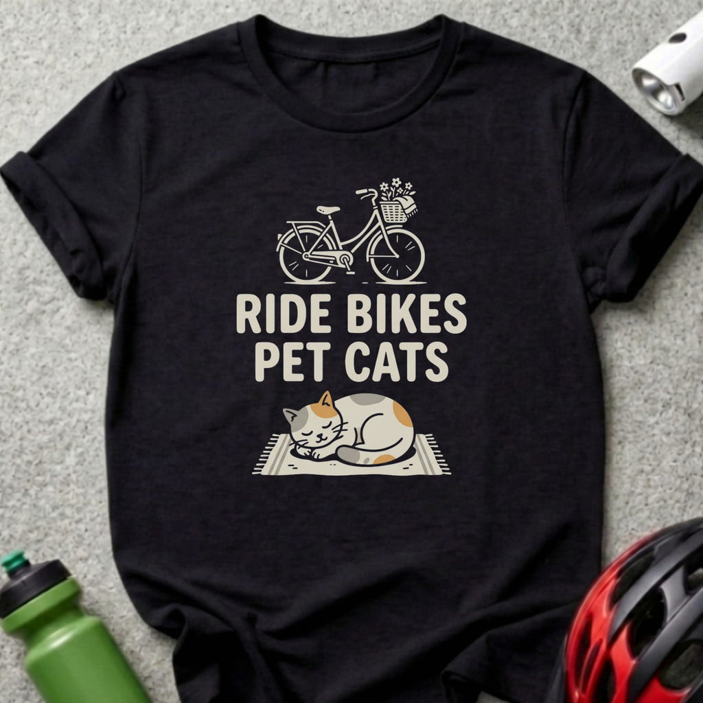 Black t-shirt with "Ride Bikes Pet Cats" text and bicycle graphic.