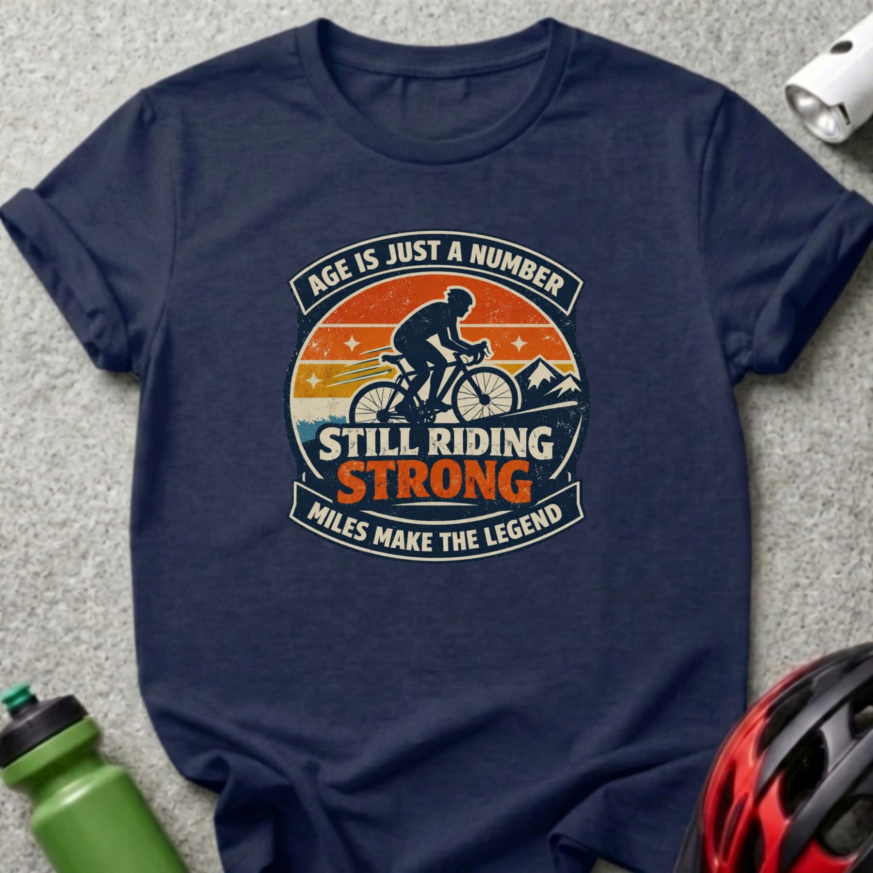 Navy t-shirt with distressed vintage cyclist graphic and text.