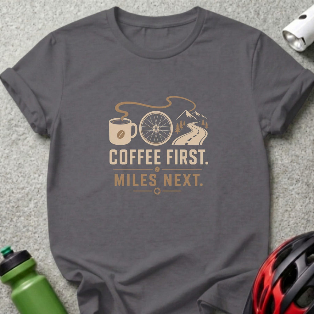T-shirt with graphic of coffee cup, bike wheel, road, and mountains. Text reads "Coffee First. Miles Next."