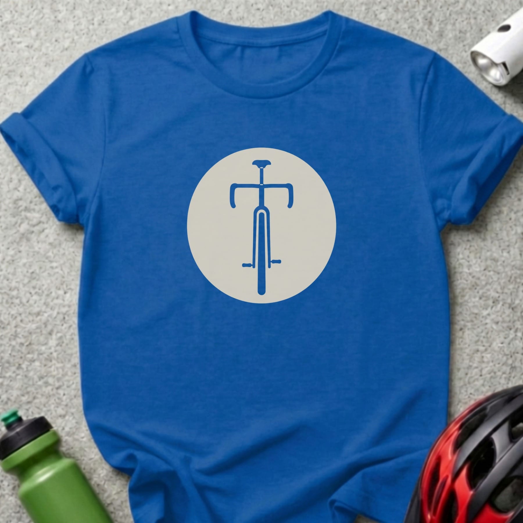 Blue t-shirt with a minimalist blue bicycle illustration within a white circle.