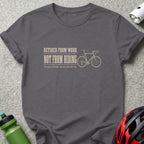 Gray t-shirt with "Retired From Work Not From Riding" text and bicycle graphic.