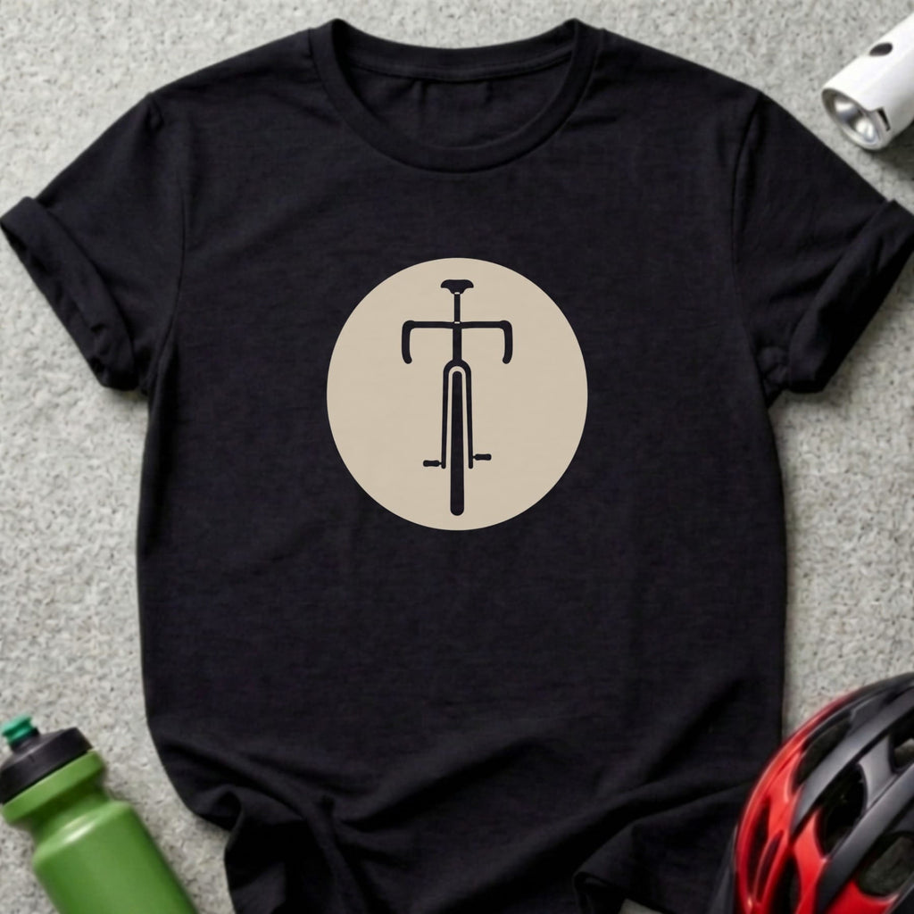 Black t-shirt with a minimalist bicycle icon inside a beige circle.