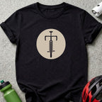 Black t-shirt with a minimalist bicycle icon inside a beige circle.