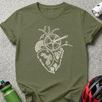 Olive t-shirt with a bicycle drivetrain heart graphic.