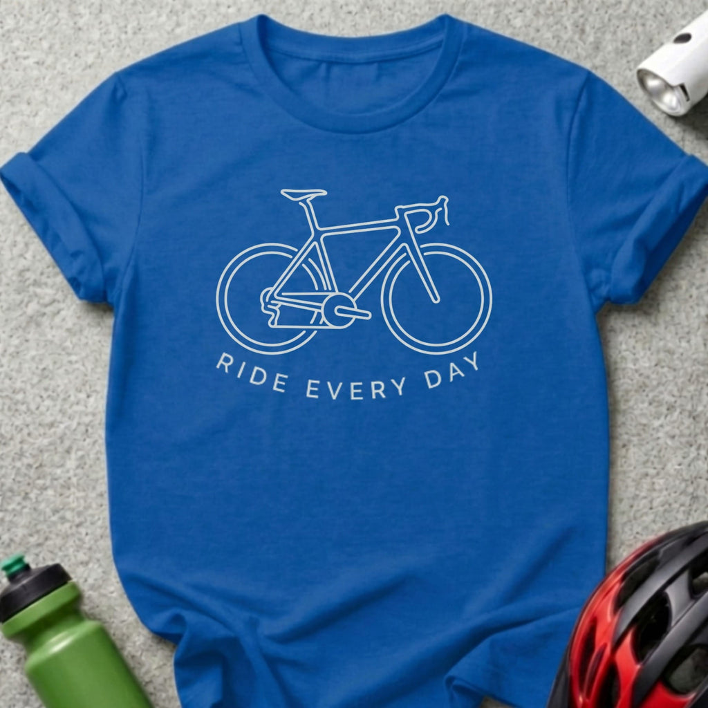 Blue t-shirt with white line art bicycle and text "RIDE EVERY DAY".