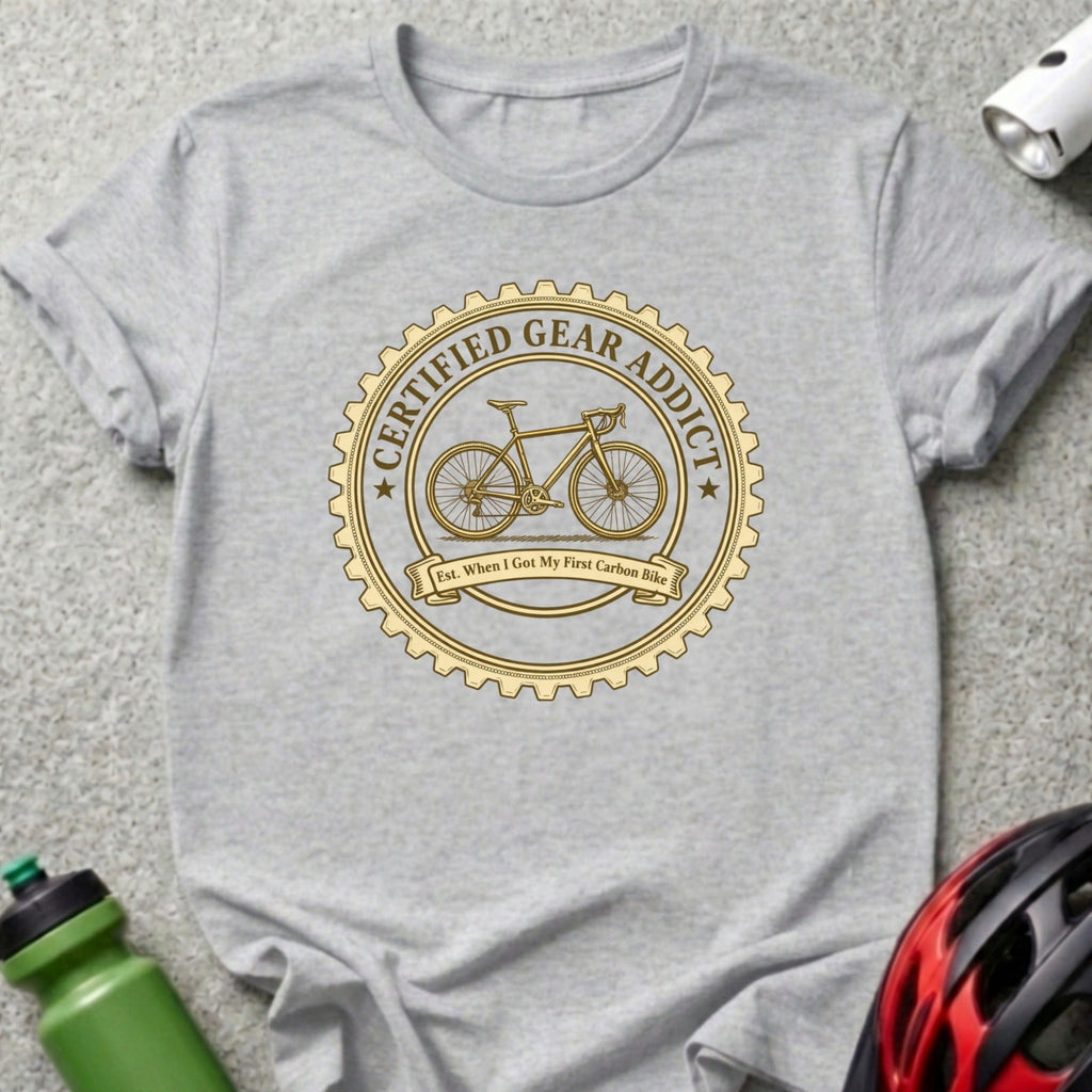Gray t-shirt with a circular graphic featuring a bicycle and "Certified Gear Addict."