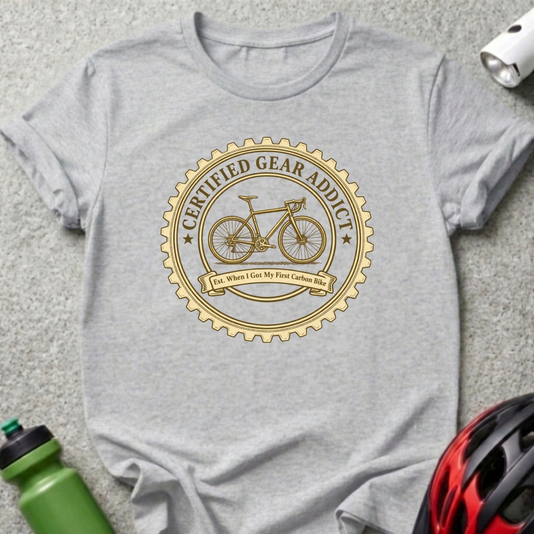Gray t-shirt with a circular graphic featuring a bicycle and "Certified Gear Addict."