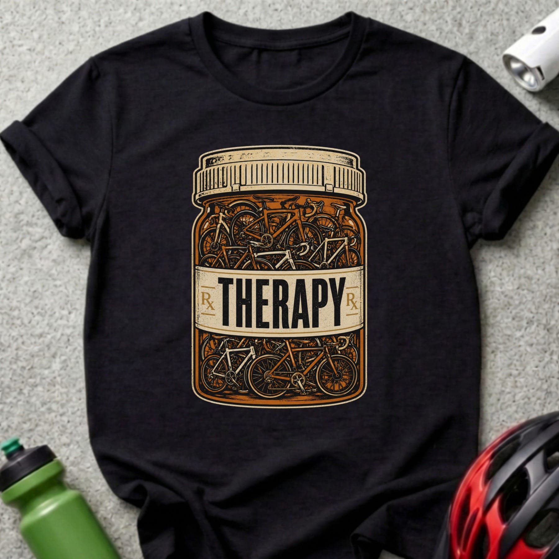 T-shirt with prescription bottle graphic filled with bicycles, labeled "THERAPY".