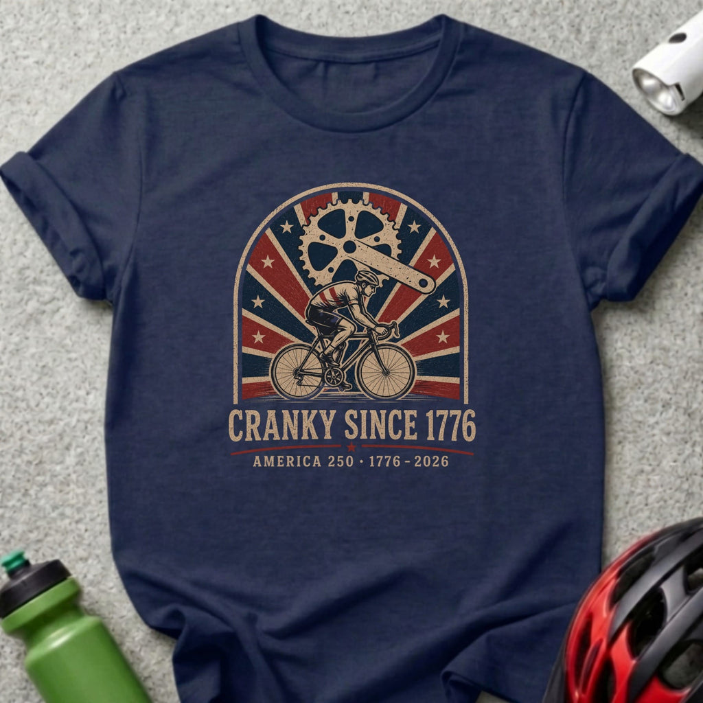 T-shirt with "Crnky Since 1776" and cyclist graphic.