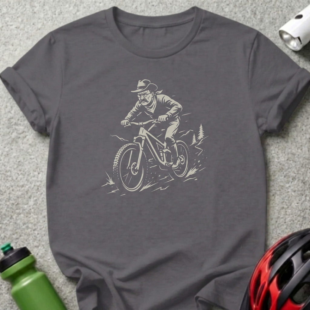 Man in cowboy hat riding a mountain bike.