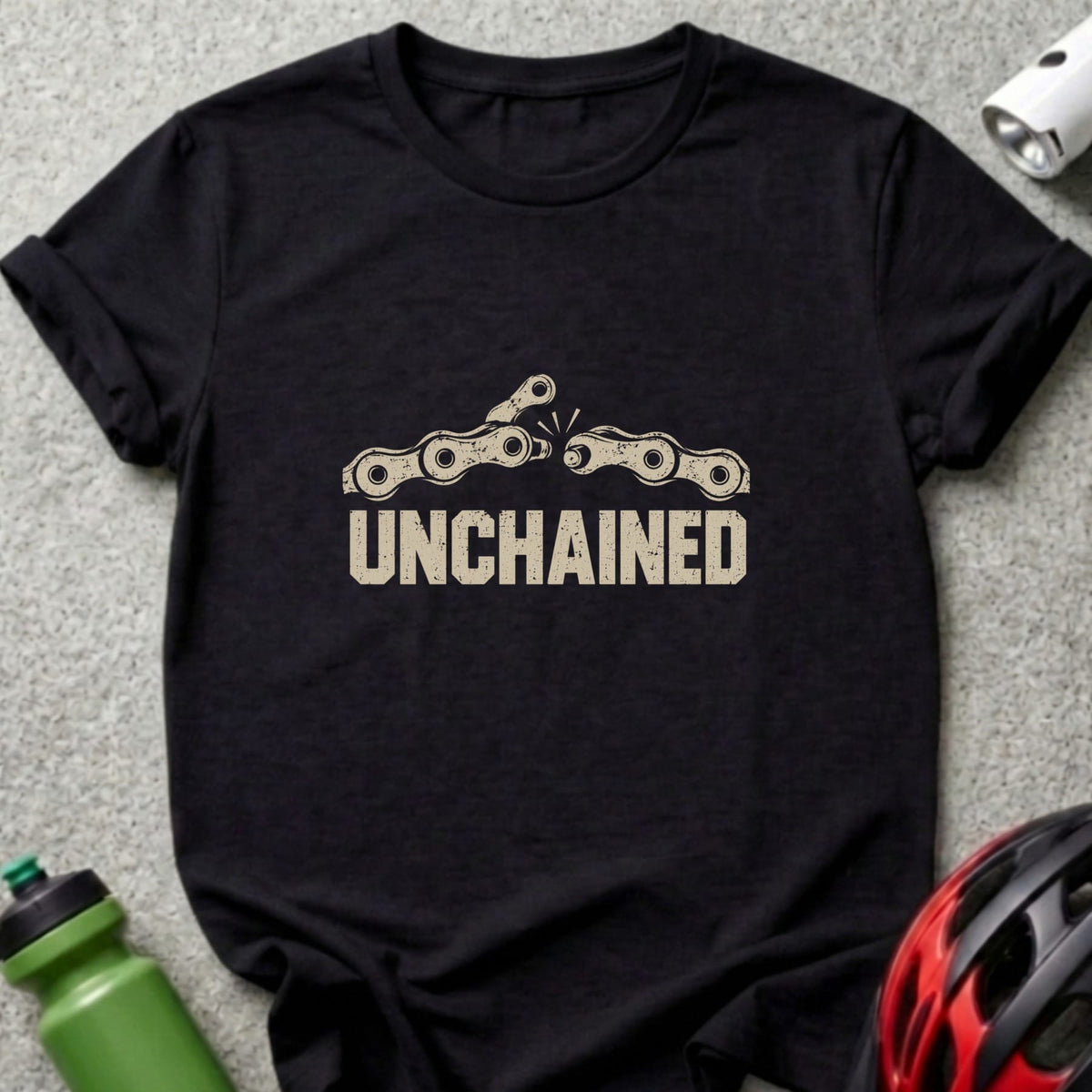 Black t-shirt featuring a distressed beige graphic of a broken bicycle chain and the text UNCHAINED.