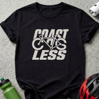 Black t-shirt with "COAST CYCLES LESS" text and bicycle graphic.