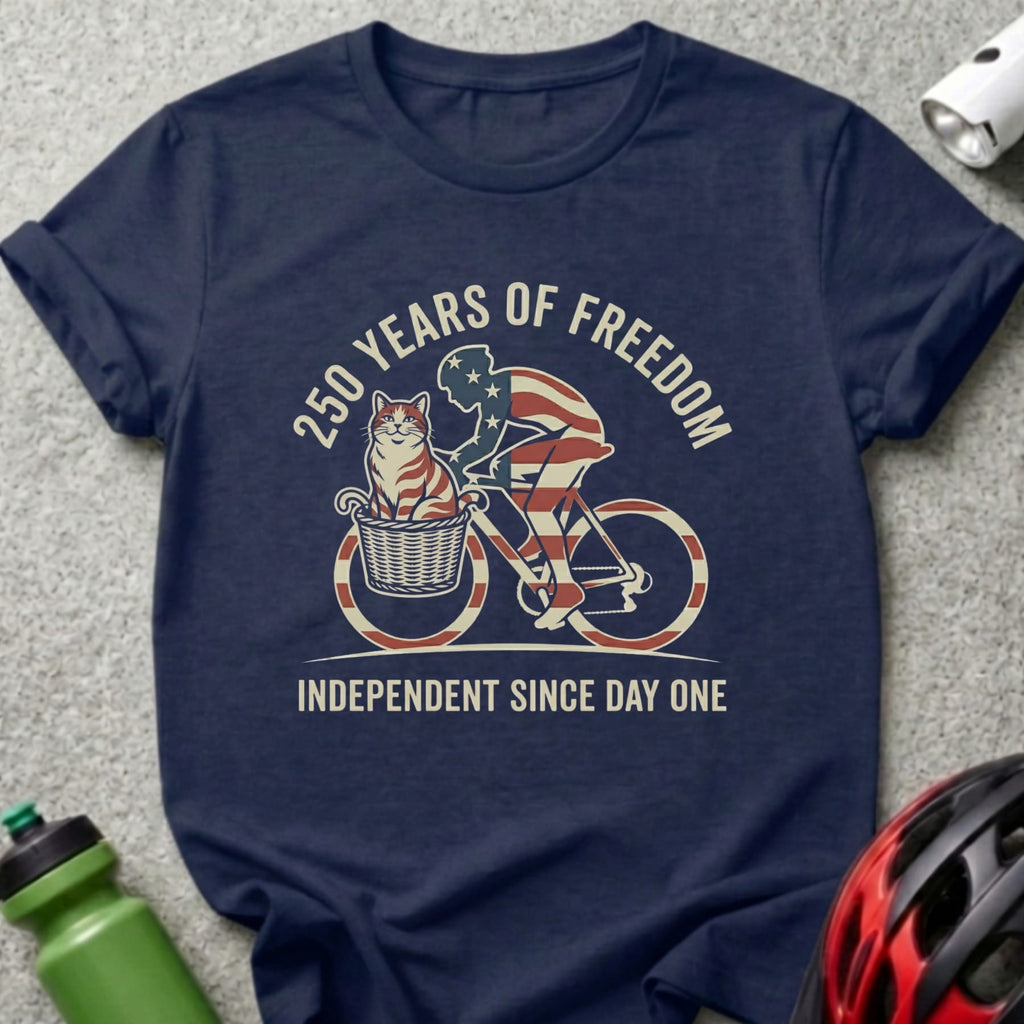 T-shirt with cyclist, cat in basket, and "250 Years of Freedom" text.