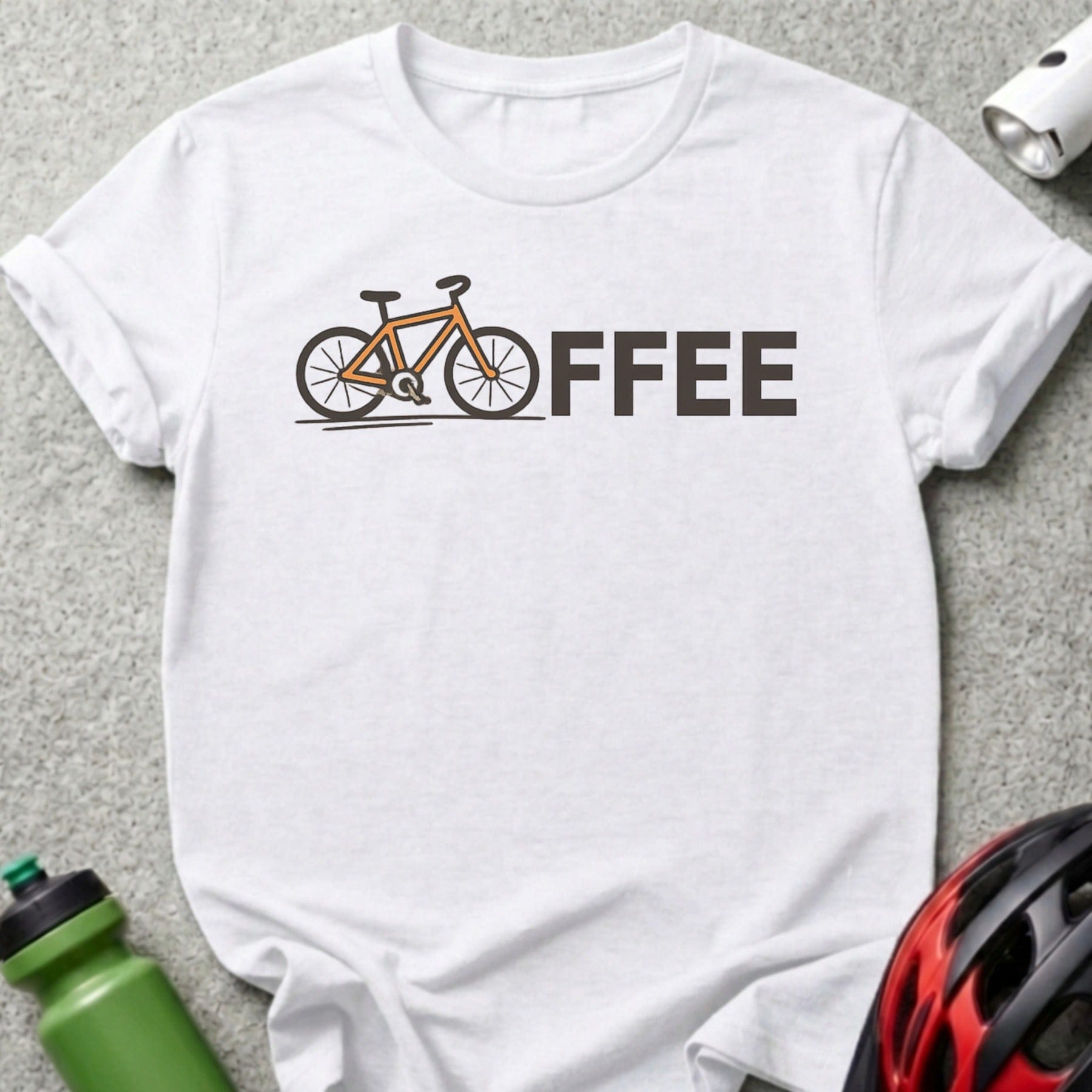 White t-shirt with "OFFEE" text and a bicycle graphic.