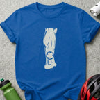 Blue t-shirt with a stylized anatomical leg graphic featuring a bicycle gear.