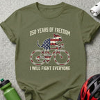 Chihuahua on bicycle with American flag, "250 Years of Freedom I Will Fight Everyone".