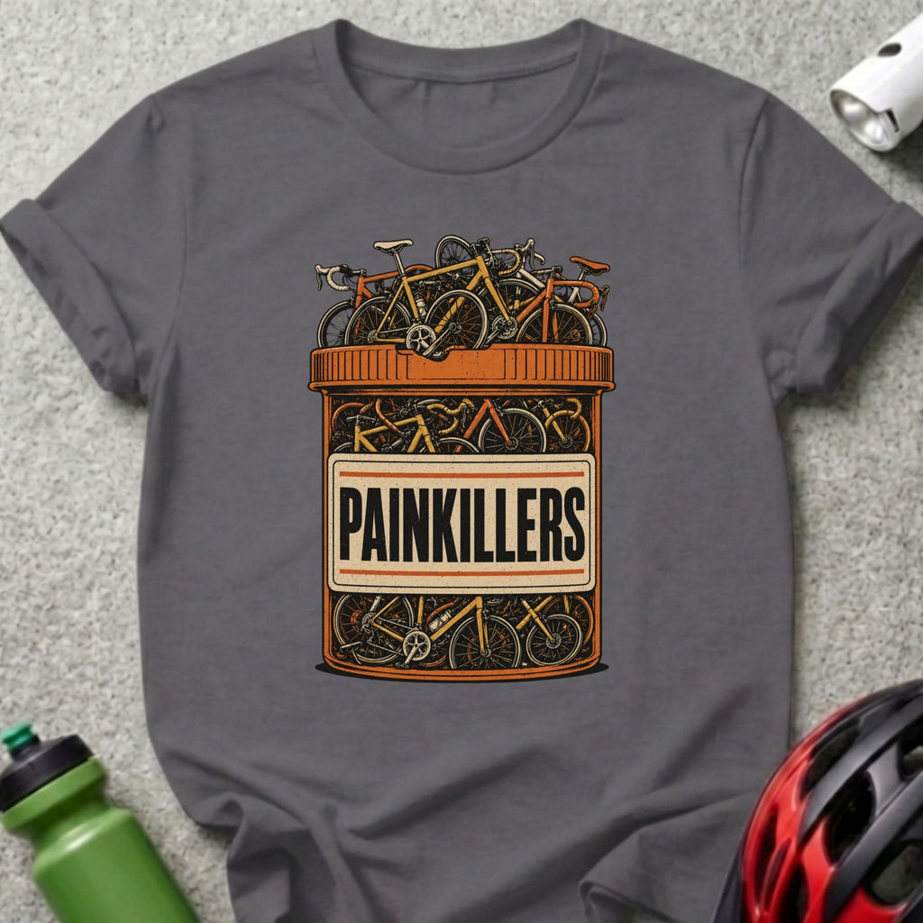 Gray t-shirt with a bottle of bicycles labeled "PAINKILLERS".