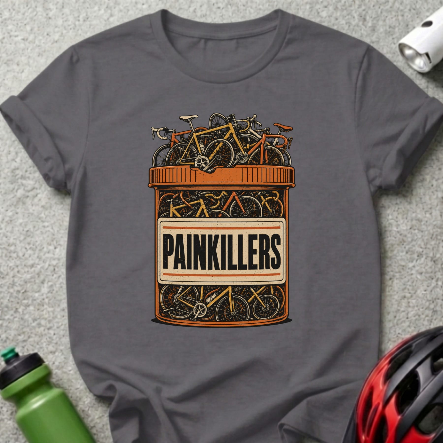 Gray t-shirt with a bottle of bicycles labeled "PAINKILLERS".